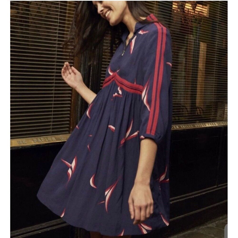 BA&SH Tilda Lady Dress L Marine Poetic Leafy Prints w/Contrasting Band Sleeves